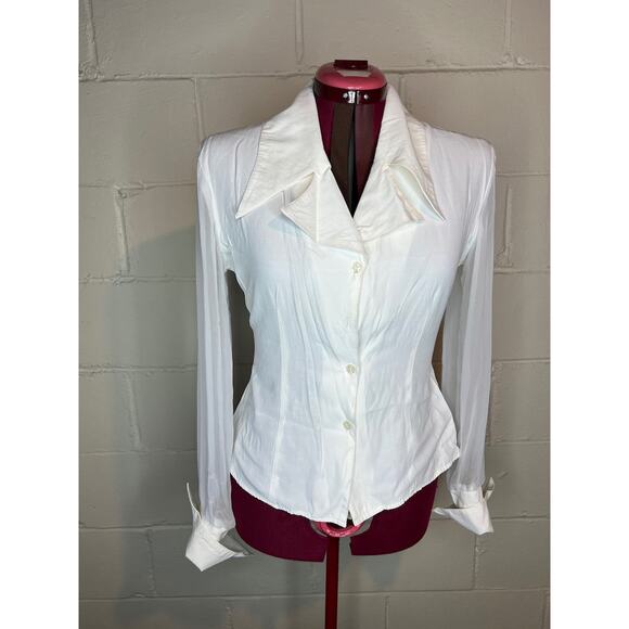 blouse button front sheer sleeves oversized collar - Picture 1 of 10